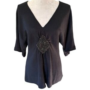 St. John Evening Black Beaded V Neck‎ Formal Santana Knit Top Women's Size M